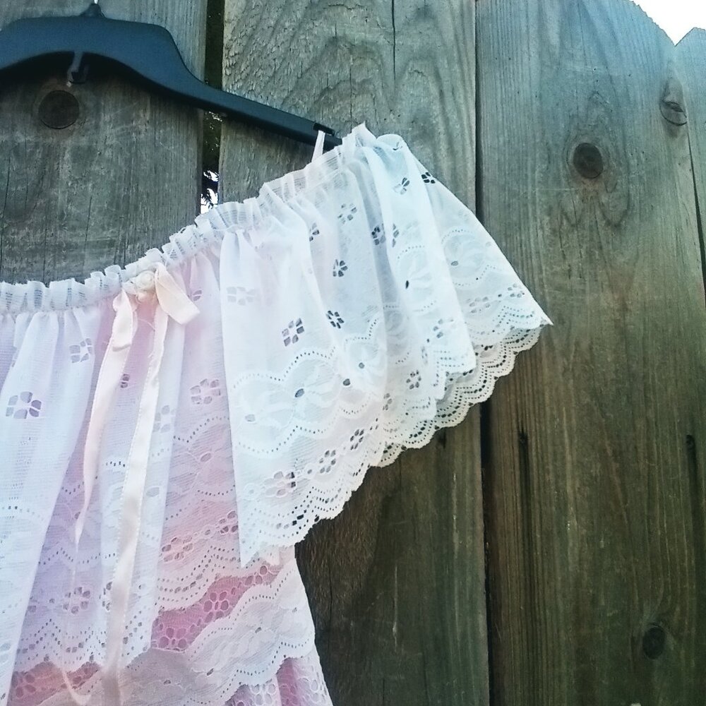 VINTAGE 70'S 80'S DANCE ALLURE MAXI DRESS SZ 8 WHITE PINK OFF SHOULDER TIERED - Picture 4 of 13